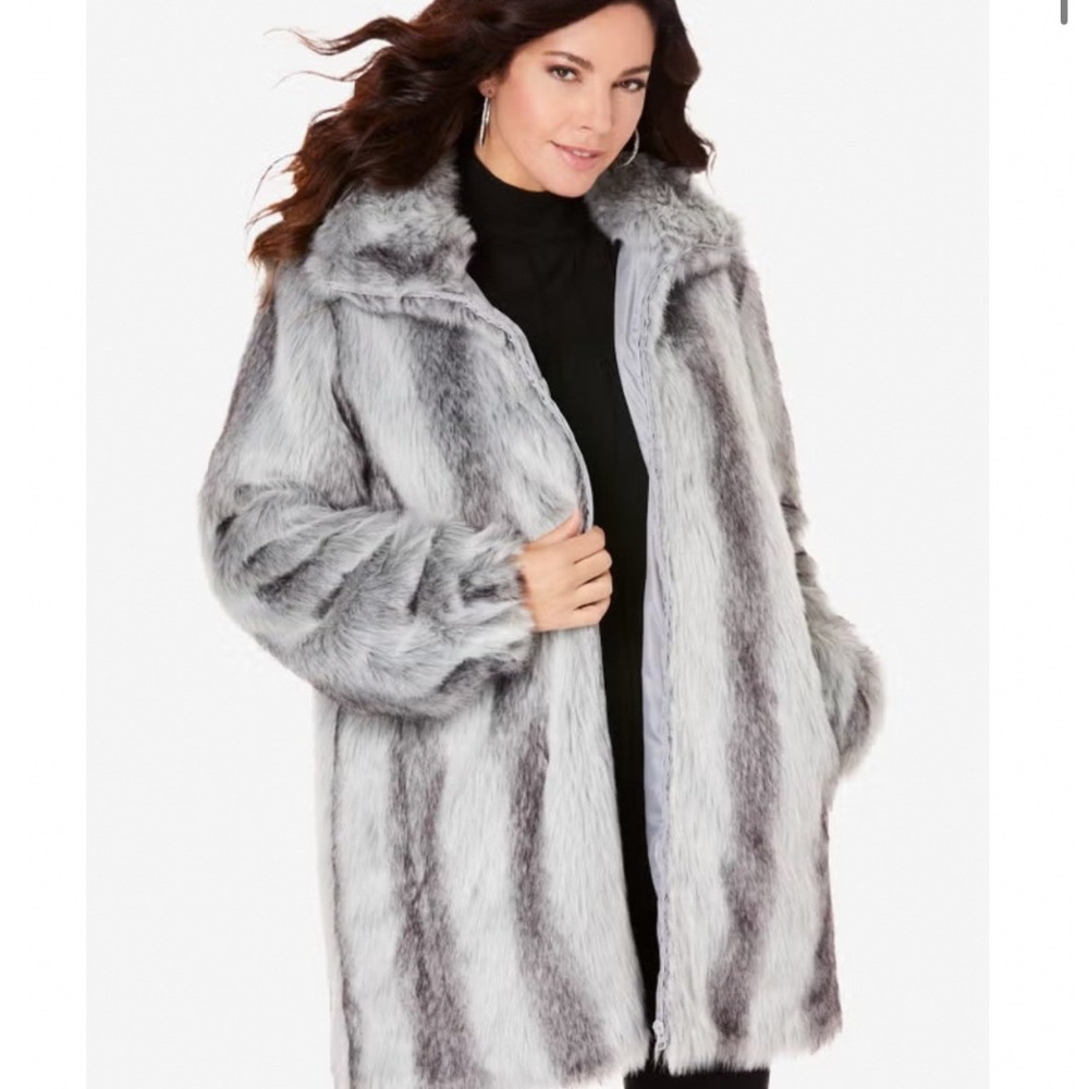Roaman's 5X Grey White Striped Faux Fur Hooded Coat Plus Size 38/40 Long Jacket